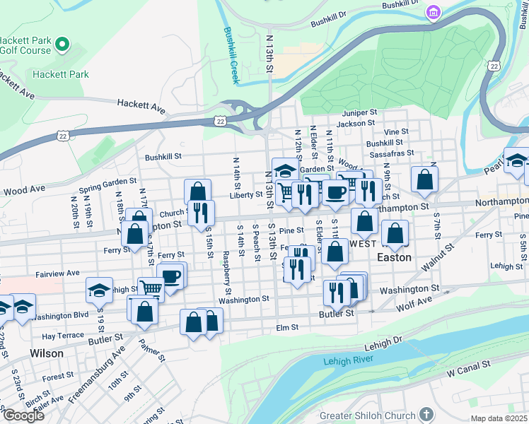 map of restaurants, bars, coffee shops, grocery stores, and more near 1311 Northampton Street in Easton