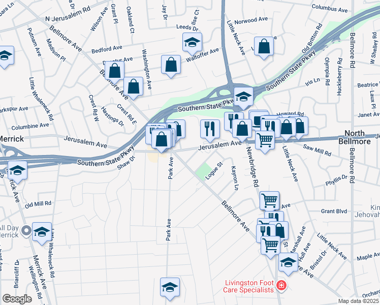 map of restaurants, bars, coffee shops, grocery stores, and more near 1223 Bellmore Avenue in North Bellmore