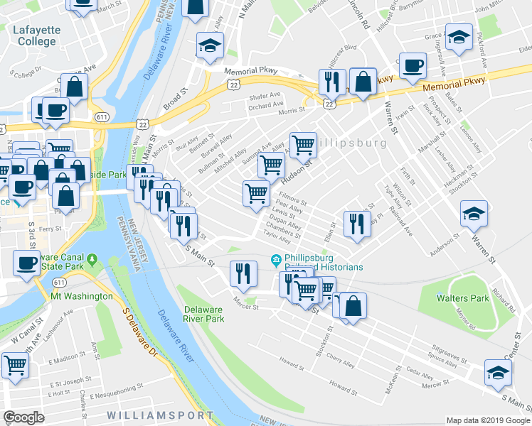 map of restaurants, bars, coffee shops, grocery stores, and more near 130 Hudson Street in Phillipsburg