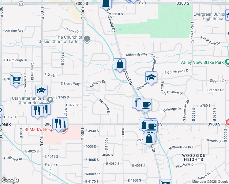 map of restaurants, bars, coffee shops, grocery stores, and more near 1446 Vineyard Court in Millcreek