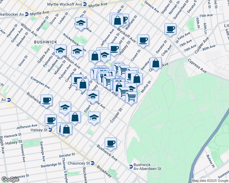 map of restaurants, bars, coffee shops, grocery stores, and more near 601 Wilson Avenue in Brooklyn