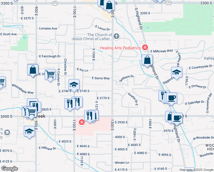 map of restaurants, bars, coffee shops, grocery stores, and more near 1264 East Cutler Road in Millcreek