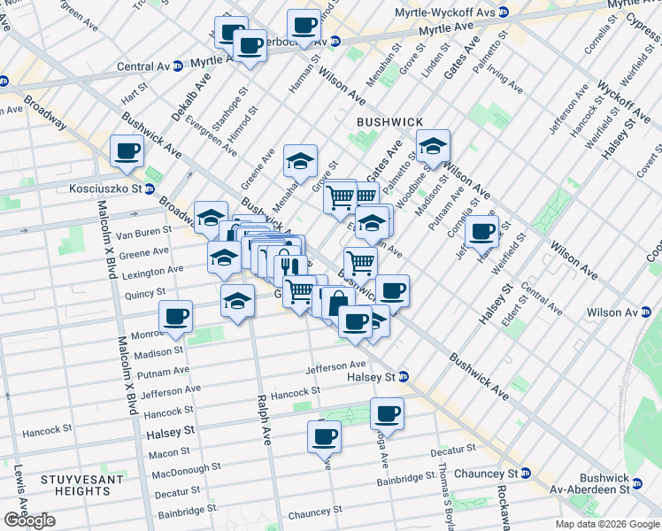 map of restaurants, bars, coffee shops, grocery stores, and more near Bushwick Ave & Palmetto St in Brooklyn