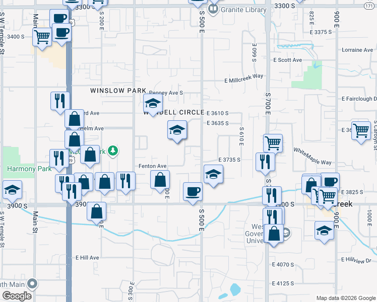 map of restaurants, bars, coffee shops, grocery stores, and more near 3718 500 East in South Salt Lake