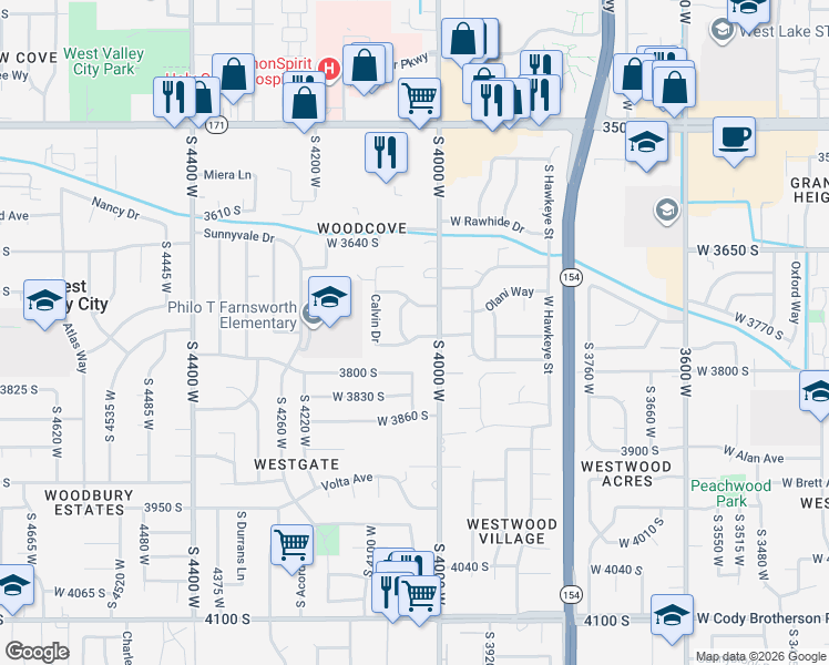 map of restaurants, bars, coffee shops, grocery stores, and more near 4014 Omega Way South in West Valley City