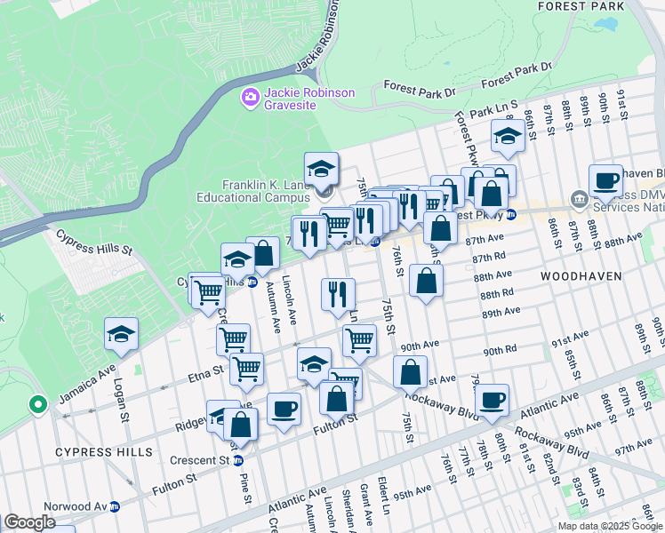 map of restaurants, bars, coffee shops, grocery stores, and more near 18 Grant Avenue in Brooklyn