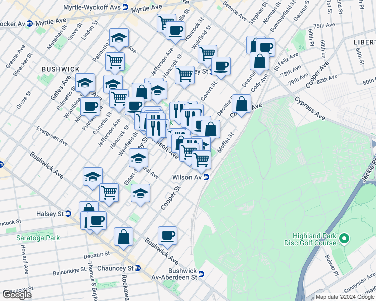 map of restaurants, bars, coffee shops, grocery stores, and more near 220 Schaefer Street in Brooklyn