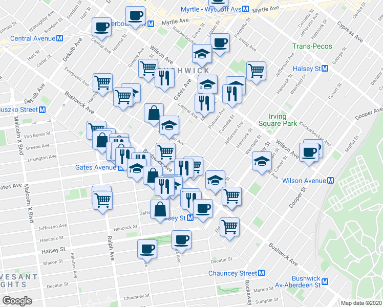 map of restaurants, bars, coffee shops, grocery stores, and more near 1052 Madison Street in Brooklyn