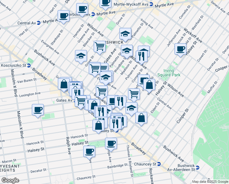 map of restaurants, bars, coffee shops, grocery stores, and more near 1052 Madison Street in Brooklyn