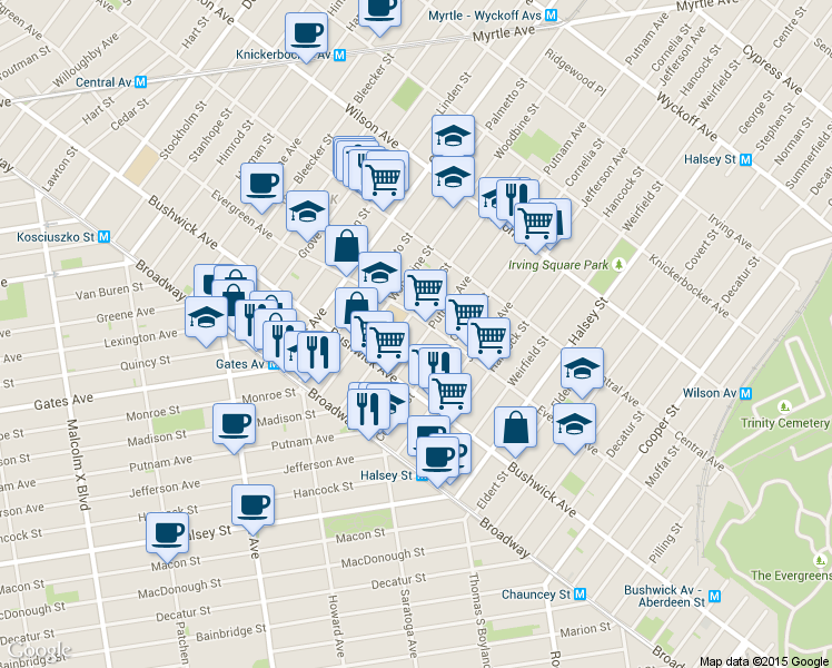 map of restaurants, bars, coffee shops, grocery stores, and more near 1052 Madison Street in Brooklyn