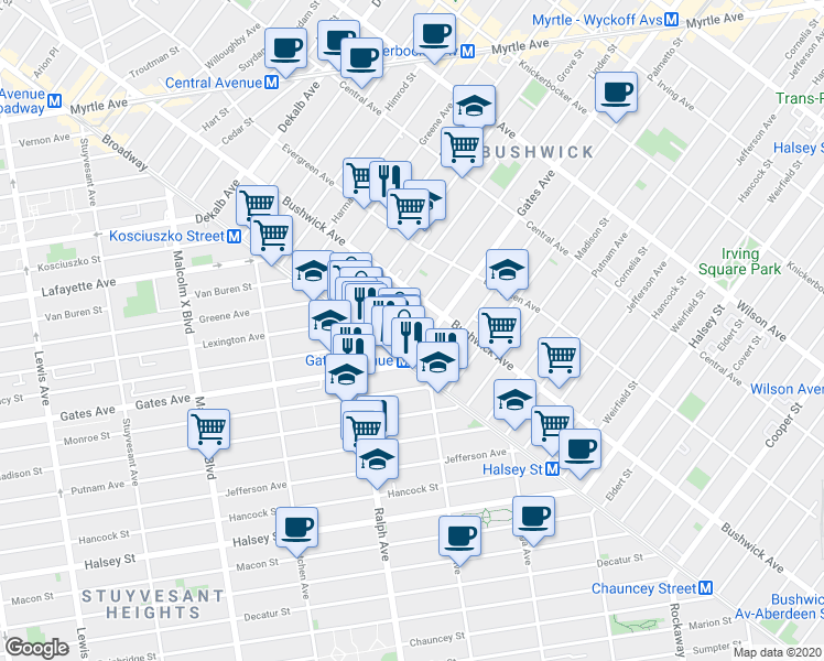 map of restaurants, bars, coffee shops, grocery stores, and more near 1103 Gates Avenue in Brooklyn