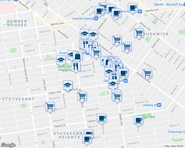 map of restaurants, bars, coffee shops, grocery stores, and more near 792 Lexington Avenue in Brooklyn
