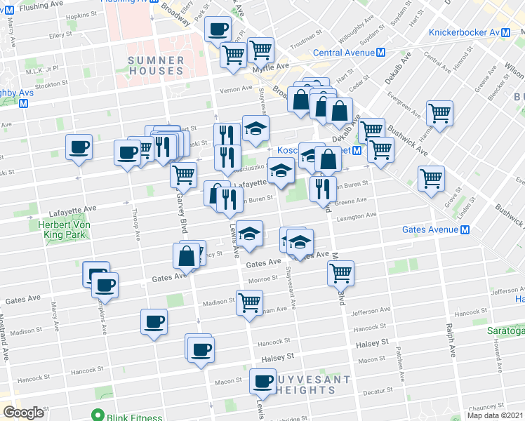 map of restaurants, bars, coffee shops, grocery stores, and more near 829A Greene Avenue in Brooklyn