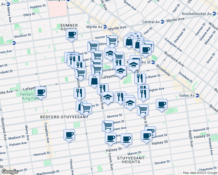 map of restaurants, bars, coffee shops, grocery stores, and more near 829A Greene Avenue in Brooklyn