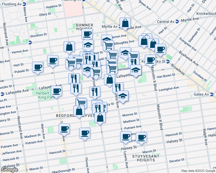 map of restaurants, bars, coffee shops, grocery stores, and more near 2 Van Buren Street in Brooklyn