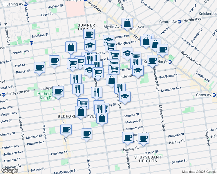map of restaurants, bars, coffee shops, grocery stores, and more near 2 Van Buren Street in Brooklyn