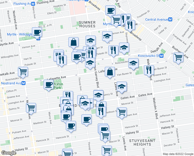 map of restaurants, bars, coffee shops, grocery stores, and more near 163 Van Buren Street in Brooklyn