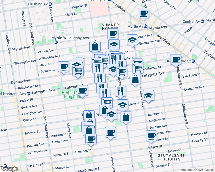 map of restaurants, bars, coffee shops, grocery stores, and more near 121 Van Buren Street in Brooklyn