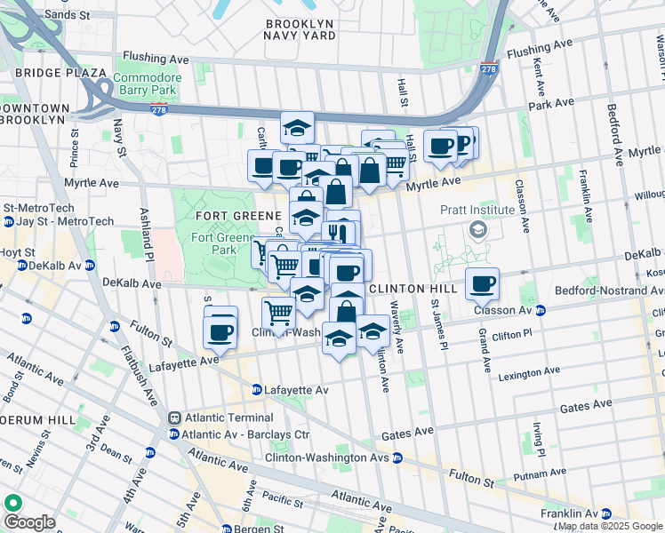 map of restaurants, bars, coffee shops, grocery stores, and more near 232 Vanderbilt Avenue in Brooklyn