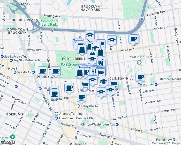 map of restaurants, bars, coffee shops, grocery stores, and more near 225 Adelphi Street in Brooklyn