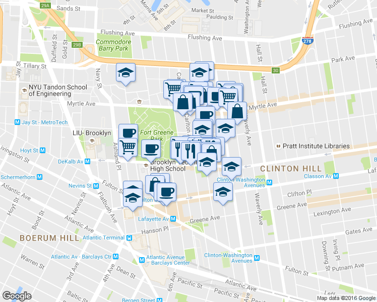 map of restaurants, bars, coffee shops, grocery stores, and more near 242 Carlton Avenue in Brooklyn