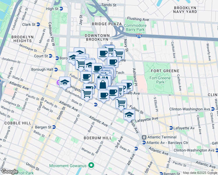 map of restaurants, bars, coffee shops, grocery stores, and more near 1 DeKalb Avenue in Brooklyn