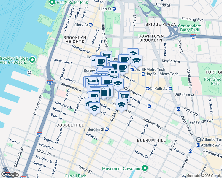 map of restaurants, bars, coffee shops, grocery stores, and more near 99 Schermerhorn Street in Brooklyn