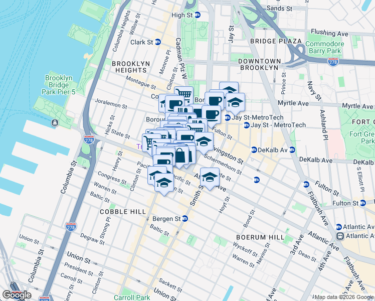 map of restaurants, bars, coffee shops, grocery stores, and more near 99 Schermerhorn Street in Brooklyn