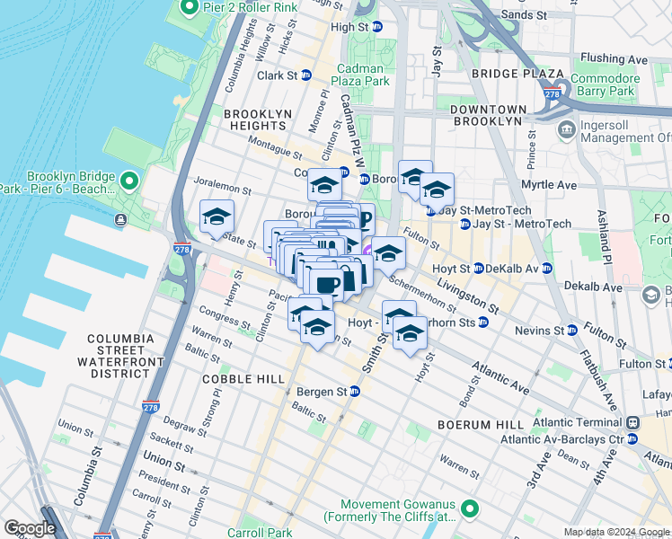 map of restaurants, bars, coffee shops, grocery stores, and more near 115 Court Street in Brooklyn