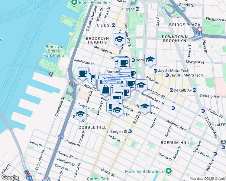 map of restaurants, bars, coffee shops, grocery stores, and more near 166 State Street in Brooklyn