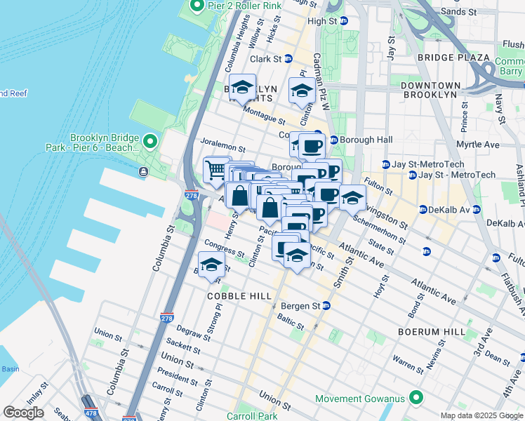 map of restaurants, bars, coffee shops, grocery stores, and more near 151 Atlantic Avenue in Brooklyn