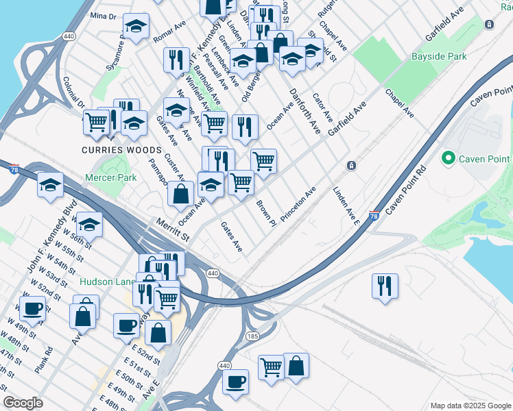 map of restaurants, bars, coffee shops, grocery stores, and more near 100 Brown Place in Jersey City