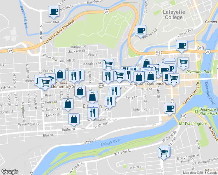 map of restaurants, bars, coffee shops, grocery stores, and more near 726 Northampton Street in Easton