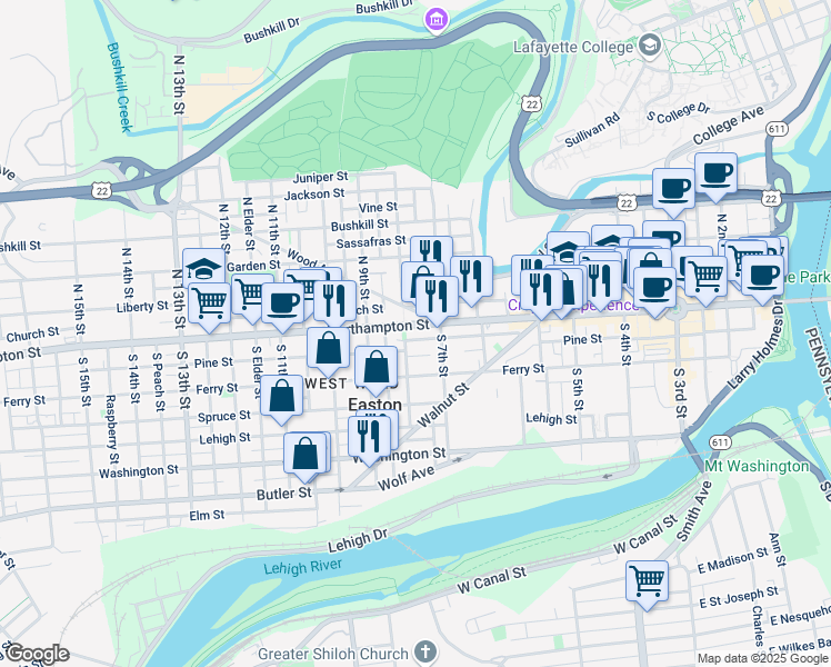 map of restaurants, bars, coffee shops, grocery stores, and more near 726 Northampton Street in Easton