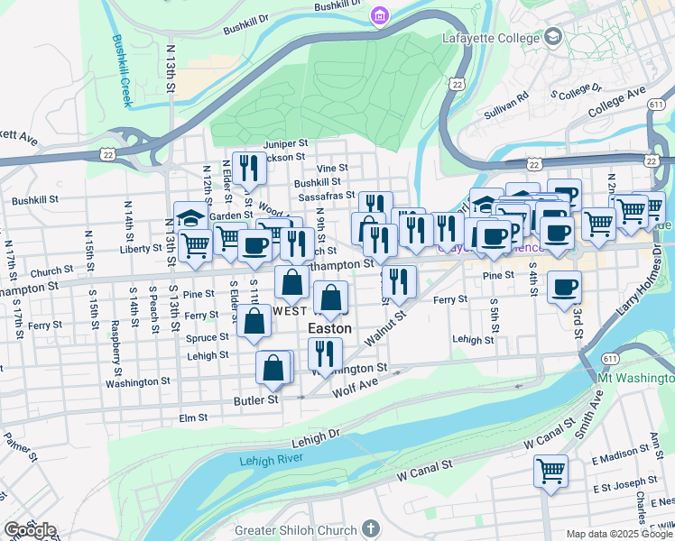 map of restaurants, bars, coffee shops, grocery stores, and more near in Easton