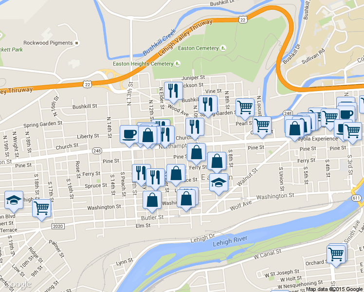 map of restaurants, bars, coffee shops, grocery stores, and more near 1019 Northampton Street in Easton