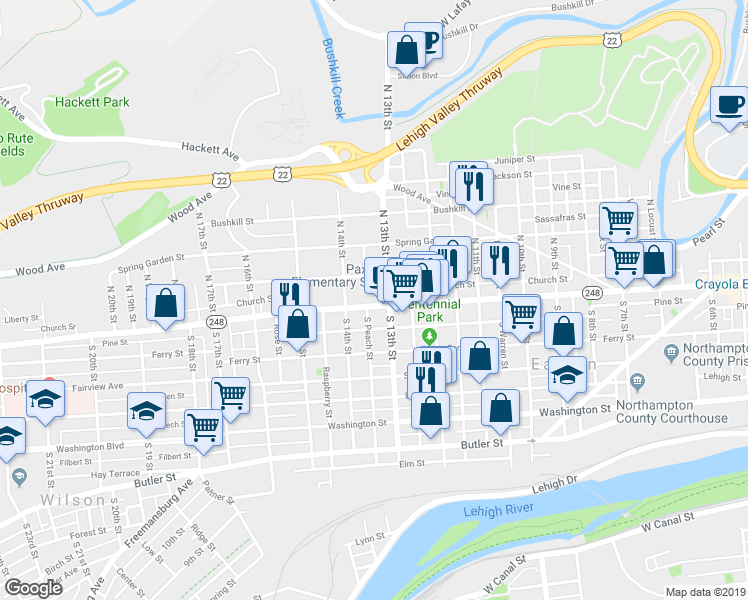 map of restaurants, bars, coffee shops, grocery stores, and more near 1337 Northampton Street in Easton