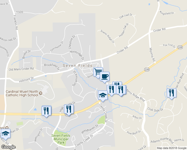 map of restaurants, bars, coffee shops, grocery stores, and more near 246 Jameson Way in Seven Fields