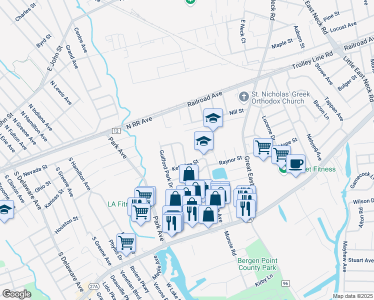 map of restaurants, bars, coffee shops, grocery stores, and more near 15 Marilyn Court in West Babylon