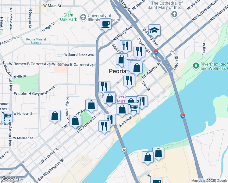 map of restaurants, bars, coffee shops, grocery stores, and more near 301 Southwest Adams Street in Peoria
