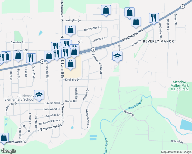 map of restaurants, bars, coffee shops, grocery stores, and more near 2238 Knollaire Drive in Washington