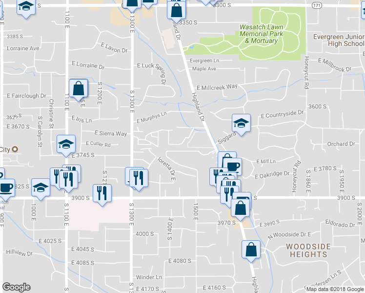 map of restaurants, bars, coffee shops, grocery stores, and more near 1446 Vineyard Court in Millcreek
