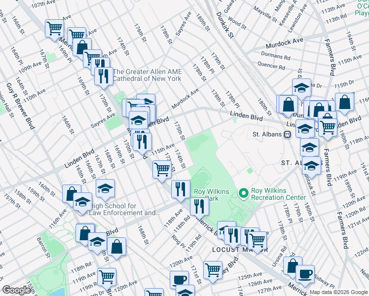 map of restaurants, bars, coffee shops, grocery stores, and more near 115-18 175th Street in Queens