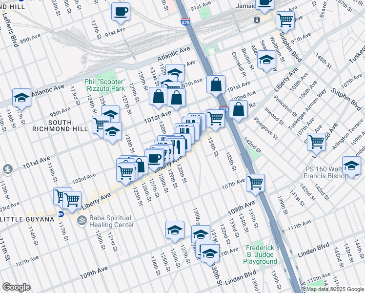 map of restaurants, bars, coffee shops, grocery stores, and more near 103-07 131st Street in Queens