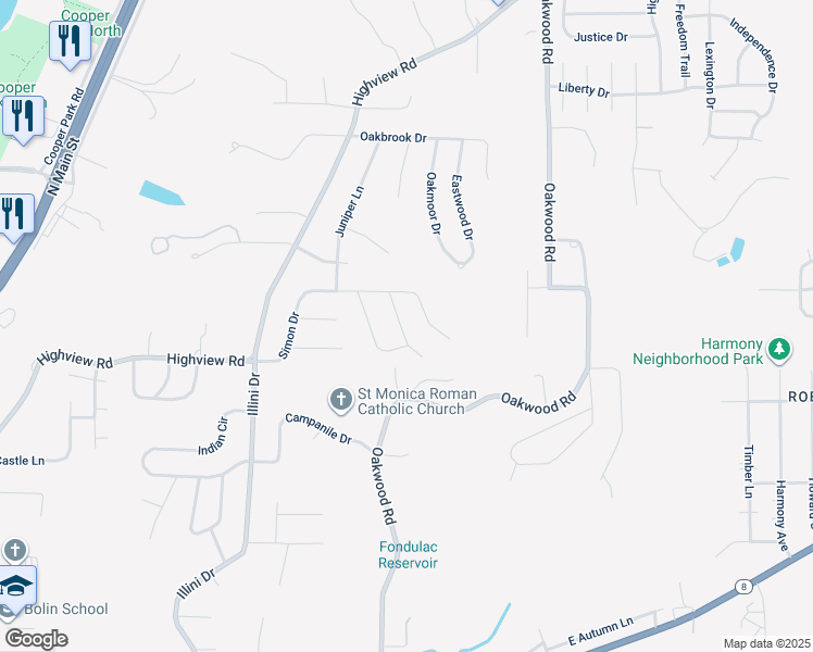 map of restaurants, bars, coffee shops, grocery stores, and more near 123 Kickapoo Drive in East Peoria