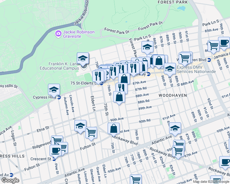 map of restaurants, bars, coffee shops, grocery stores, and more near 87-18 77th Street in Queens