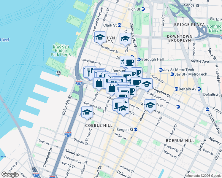 map of restaurants, bars, coffee shops, grocery stores, and more near 151-155 Atlantic Avenue in Brooklyn