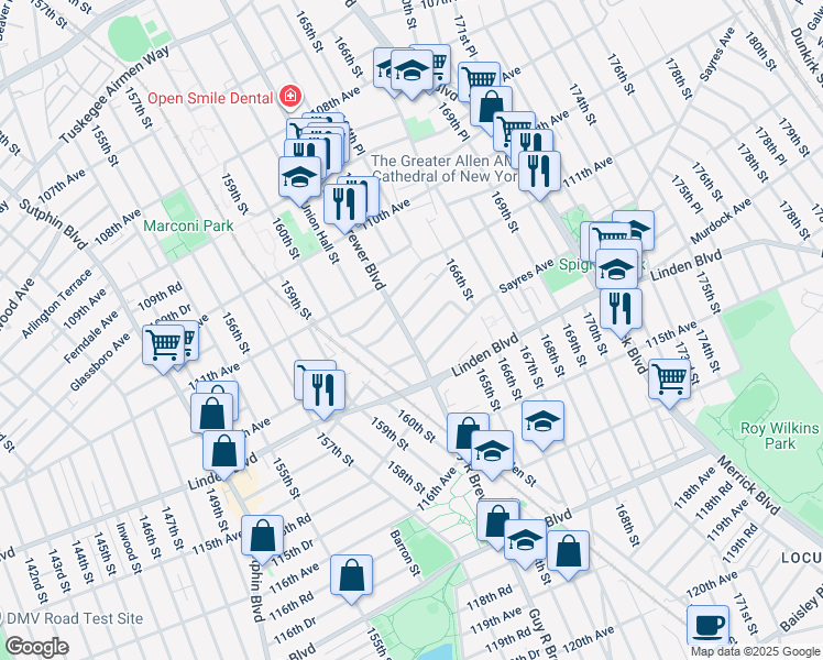 map of restaurants, bars, coffee shops, grocery stores, and more near 11213 Guy R Brewer Boulevard in Queens