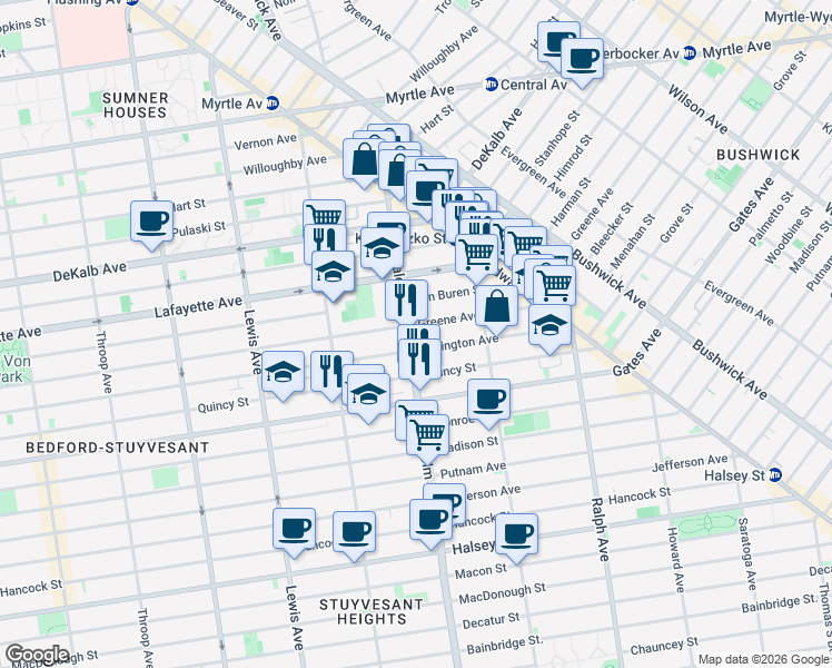 map of restaurants, bars, coffee shops, grocery stores, and more near 93 Malcolm X Boulevard in Brooklyn