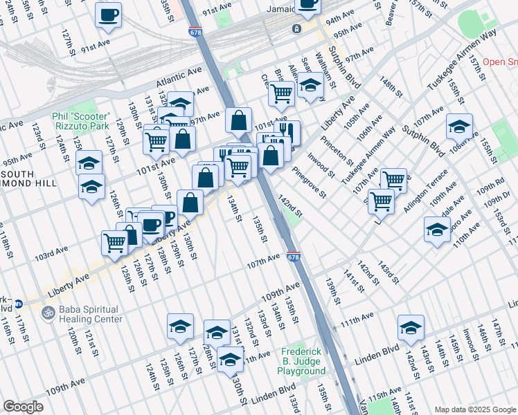 map of restaurants, bars, coffee shops, grocery stores, and more near 105-02 Van Wyck Expressway in Queens